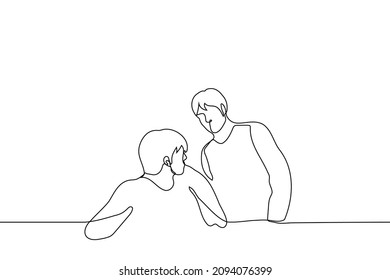 seated man turned around and looked at the other behind his back - one line drawing vector. concept of distracting someone, sneaking up, being caught red-handed 