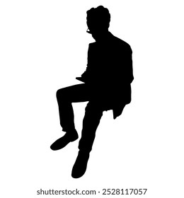 Seated man wearing glasses looking at his cell phone. Black silhouette on white background.