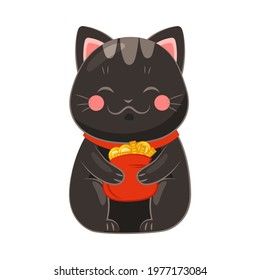 Seated Maneki-neko Cat with Red Sack Full of Gold Coins as Ceramic Japanese Figurine Bringing Good Luck Vector Illustration