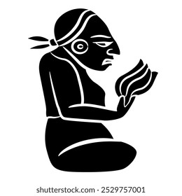 Seated Mayan man. Ethnic Native American design. Black and white silhouette.