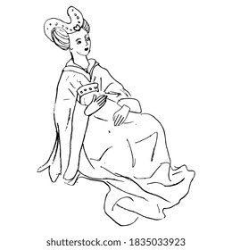 Seated medieval lady in long dress. Gothic costume. Reclining vintage lady pregnant or tired. Hand drawn linear doodle ink sketch. Black silhouette on white background.