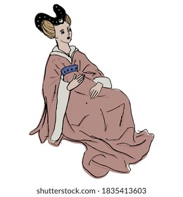 Seated medieval lady in long dress. Gothic costume. Reclining vintage lady pregnant or tired. Hand drawn sketch.