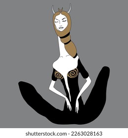 Seated meditating woman or goddess. Original style art. 