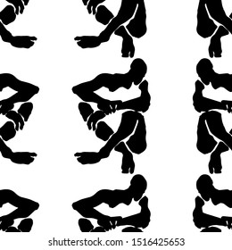 Seated men silhouettes seamless vector pattern. Black and white background.