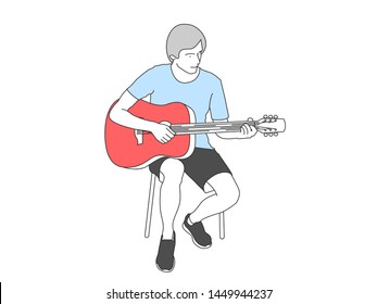 Seated musician plays the guitar. Vector illustration line.