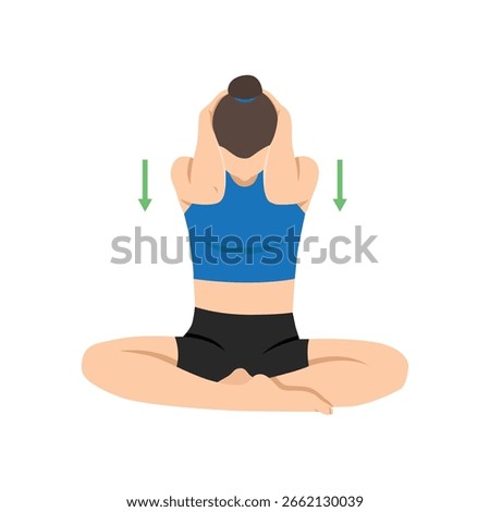 Seated neck stretch, pulling her head forward gently with both hands while keeping spine straight. Flat vector illustration isolated on white background