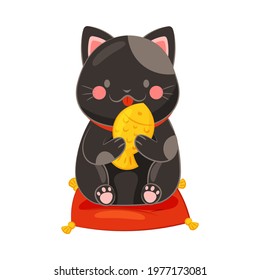 Seated on Pillow Maneki-neko Cat Licking Gold Fish as Ceramic Japanese Figurine Bringing Good Luck Vector Illustration