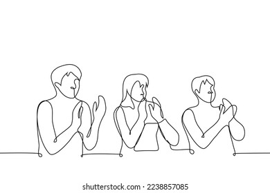 seated people clap their hands - one line drawing vector. applause concept