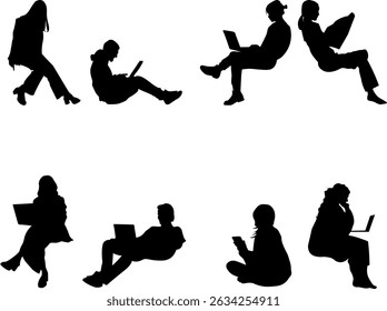 Silhuetas de pessoas sentadas usando dispositivos digitais — notebooks e tablets