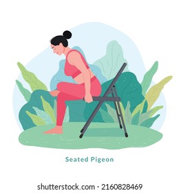 Seated Pigeon Exercise.woman Doing Fitness And Yoga Exercises With Chair.