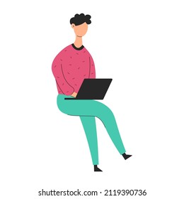 Seated programmer. Programmer in flat design. Man with laptop.