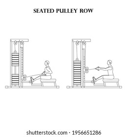 Seated pulley row exercise workout vector illustration outline on the white background. Vector illustration