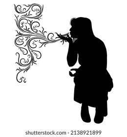 Seated silhouetted woman breathing ornate smoke swirls. The witch conjuring magic spell. Black and white silhouette. Creative concept.