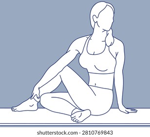 Seated Spinal Twist Yoga Pose Woman Line Sketch Art Illustration