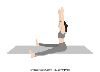 Seated Straddle Pose Arms Raised. Beautiful girl practice Upavistha Konasana Uttana Hasta. Young attractive woman practicing yoga exercise. working out, black wearing sportswear, grey pants and top