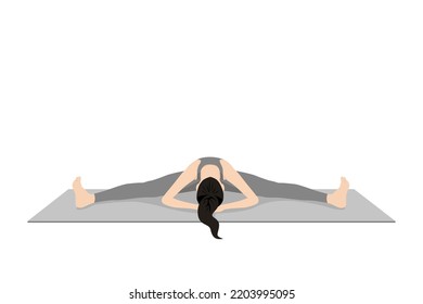 Seated Straddle Pose Head Hands. Beautiful girl practice Upavistha Konasana Sirsa Hasta. Young attractive woman practicing yoga exercise. working out, black wearing sportswear, grey pants and top