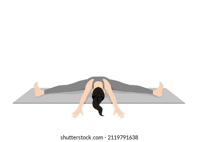 Seated Straddle Pose, Seated Wide Legged Straddle, Wide Angle Seated Forward Bend Pose, Open Angle Pose. Beautiful girl practice Upavistha Konasana. Young attractive woman practicing yoga exercise.