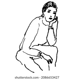 Seated woman. Female portrait. Hand drawn linear doodle rough sketch. Black silhouette on white background.