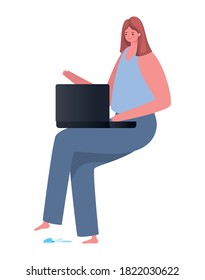 seated woman with laptop working design of Work from home theme Vector illustration