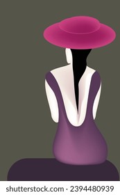 A seated woman wearing a backless dress and a stylish pink hat is featured.