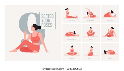 Seated Yoga poses. Young woman practicing Yoga pose. Woman workout fitness, aerobic and exercises. Vector Illustration.