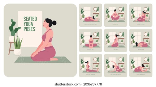 Seated Yoga poses. Young woman practicing Yoga pose. Woman workout fitness, aerobic and exercises. Vector Illustration