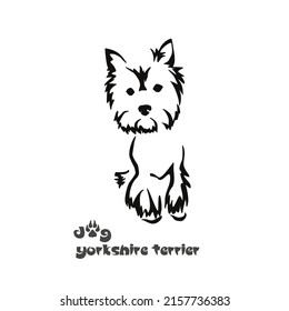 Sentado en Yorkshire Terrier. Dibujo vectorial de un perro pequeño con corte de pelo y pelo hipoalergénico. Imagen gestálica estilizada de un animal