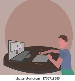 seated young man studies by means of video call