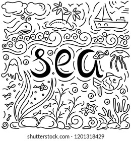 Sea-text. Underwater world, fish, plants, waves, ship, island. Hand drawing.  Doodle style. Vector illustration