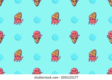 Sea-themed seamless pattern octopus and ice cream cone vector illustration design