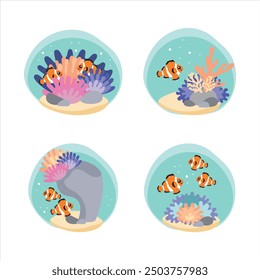 Sea-themed set, coral reef and anemone with fish on the seabed. Cartoon characters for children books.