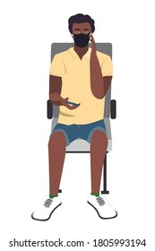 Seating African young guy with medical face mask using smartphone. Vector illustration. Train passenger with protective mask texting on mobile phone. Travel safely on public transport.