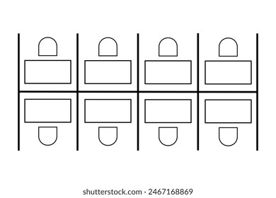 Seating arrangement in a business workspace. Office cubicles with dividers top view. Schematic plan of seatings. Desks and chairs furniture icons. Vector graphic illustration.