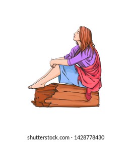 Seating beautiful woman on the wood, vector realistic illustration of girl isolated on white background, hand drawn sketch illustration of woman