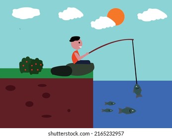  seating on stone for fishing cartoon vector illustrator fishing rod