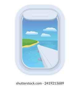 Vector de caricatura de iconos de la vista de ventanas de asiento. Cielo de viaje. Avión