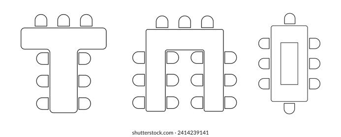 Seats arrangement on banquet or wedding event in restaurant or cafe. Business office or cabinet seating interior plan. Top view. Schematic tables and chairs icons set. Vector graphic illustration