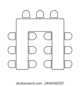 Seats arrangement on banquet or wedding event in restaurant or cafe. Business office or cabinet seating interior plan. Top view. Schematic tables and chairs icons set. Vector outline illustration.