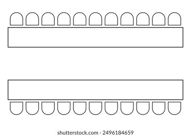 Arreglo de Vacantes en banquete o evento nupcial en restaurante o cafetería. Cafetería o comedor Plan interior. Vista superior. Conjunto de iconos de mesas y sillas esquemáticas. Ilustración de contorno de Vector.