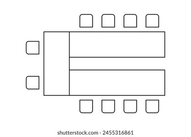 Arreglo de Vacantes en conferencia, banquete o evento nupcial en restaurante o cafetería. Plan interior de la oficina o del gabinete. Vista superior. Conjunto de iconos de mesas y sillas esquemáticas. Ilustración de contorno de Vector.