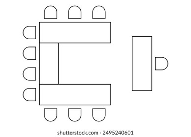 Seats arrangement on meeting, seminar, conference or other business event. Office or cabinet seating interior plan. Top view. Schematic tables and chairs icons set. Vector outline illustration.