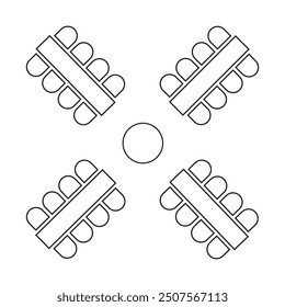 Seats arrangement on wedding banquete or festive event. Restaurant or cafe seatings interior plan. Top view. Schematic blueprint tables and chairs icons. Vector graphic illustration.