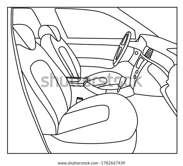 Seats of a car, interior view.\
Car driver seat. Sketch line black and white vector\
illustration.