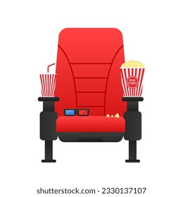 Seats in the cinema with popcorn, drinks and 3d glasses. Flat vector cartoon Cinema seat illustration. Objects isolated on white background. The concept of watching a movie. Vector illustration