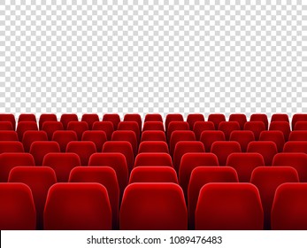 Seats at empty movie hall or seat chair for film screening room. Isolated red armchairs for cinema, theater or opera interior with blank transparent screen vector background - Powered by Shutterstock - Get 15% off with code: PIKWIZARD15