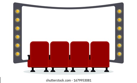 Seats in front of a cinema screen. Row of soft red armchairs in front of a movie theater screen. Premiere of the film, screening. Flat vector objects isolated on a white background.