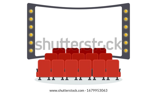 Seats in\
front of a cinema screen. Row of soft red armchairs in front of a\
movie theater screen. Premiere of the film, screening. Flat vector\
objects isolated on a white\
background.