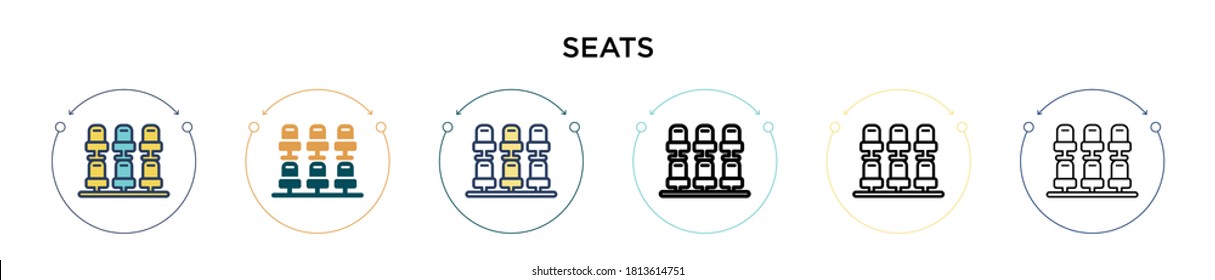 Seats icon in filled, thin line, outline and stroke style. Vector illustration of two colored and black seats vector icons designs can be used for mobile, ui, web