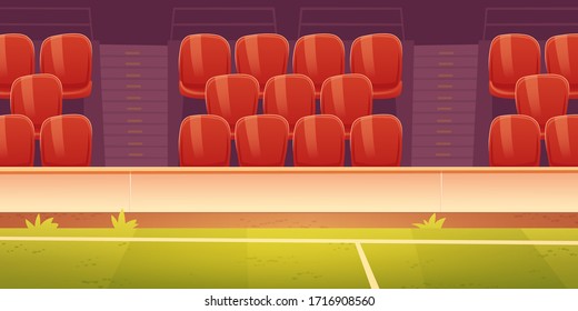 Seats on sport stadium with soccer, football or basketball field. Vector cartoon illustration of empty fan tribune with rows of plastic red chairs and green grass on court