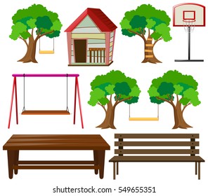 Asientos y cosas en la ilustración del jardín